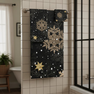 Modern Elegant Rose Gold Glitter Snowflakes Black Bath Towel Set
