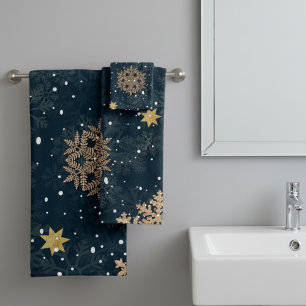 Modern Elegant Rose Gold Glitter Snowflakes Blue Bath Towel Set