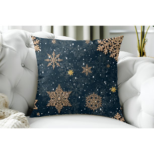Modern Elegant Rose Gold Glitter Snowflakes Blue Cushion