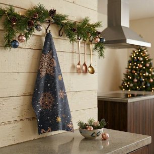 Modern Elegant Rose Gold Glitter Snowflakes Grey Tea Towel