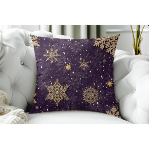 Modern Elegant Rose Gold Glitter Snowflakes Purple Cushion