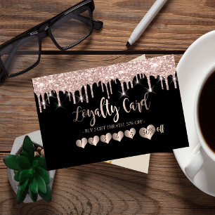 Modern Elegant Rose Gold Hearts, Black Drips Loyalty Card