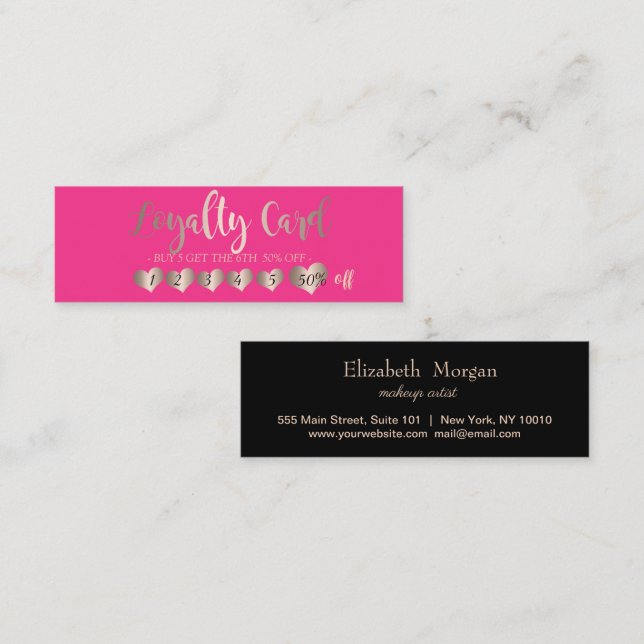 Modern Elegant Rose Gold Hearts, Black Pink Loyalty Card (Front/Back)