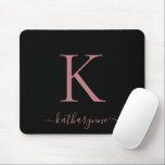 Modern Elegant Rose Gold Monogram Script Black Mouse Pad<br><div class="desc">Modern Elegant Pink Rose Gold Monogram Script on a chic black mouse pad. Easy to customise with your own name and details. Perfect for your modern minimalist yet luxury lifestyle! Please contact us at cedarandstring@gmail.com if you need assistance with the design or matching products.</div>