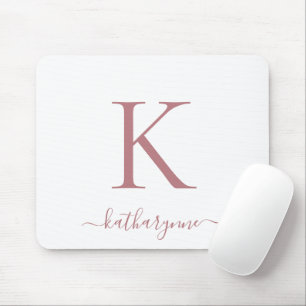 Modern Elegant Rose Gold Monogram Script White Mouse Pad