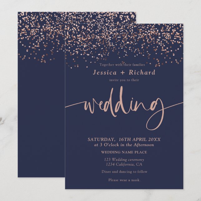 Modern elegant rose gold navy blue wedding script invitation (Front/Back)