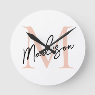 Modern Elegant Rose Gold Personalised Monogram Round Clock