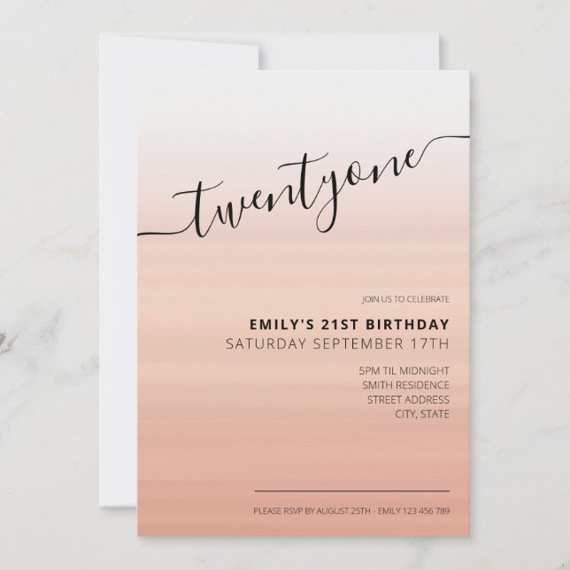 Modern Elegant Rose Gold Script 21st Birthday Invitation (Front)