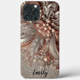 Modern elegant rose gold silver ornamental florals iPhone 13 pro max case