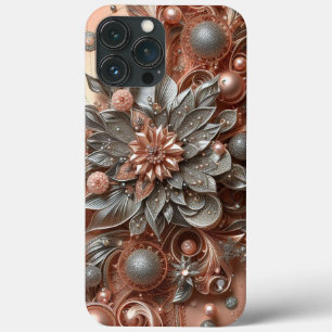 Modern elegant rose gold silver ornamental florals iPhone 13 pro max case