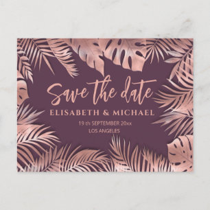 Modern elegant rose gold tropical leaves romantic announcement postcard