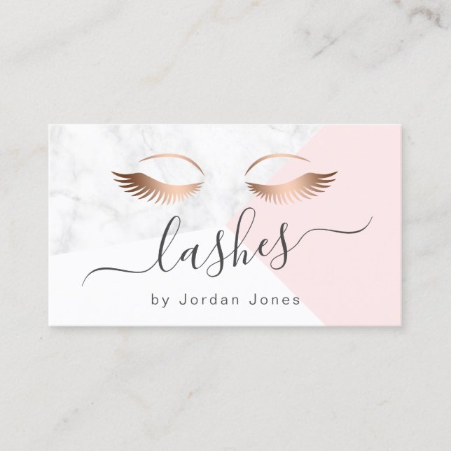 Modern elegant rose gold white marble pink lashes business card (Front)