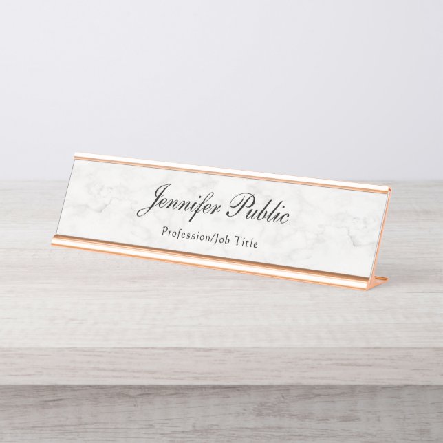Modern Elegant Rose Gold White Marble Template Desk Name Plate (Front)
