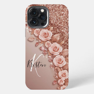 Modern elegant rose gold with floral curve iPhone 13 pro max case