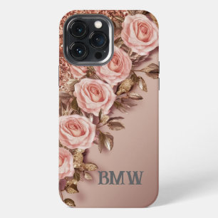 Modern elegant rose gold with floral curve iPhone 13 pro max case