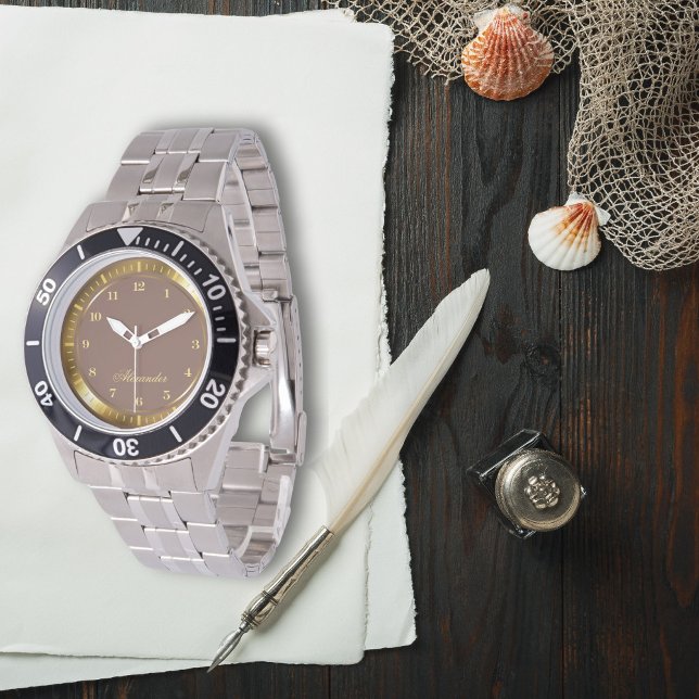 Modern Elegant Rosybrown and Gold Custom Name Watch (Creator Uploaded)