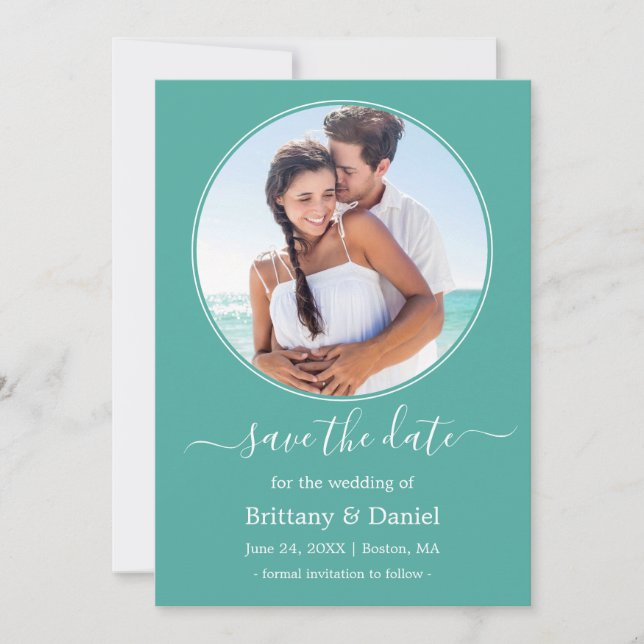 Modern Elegant Round Photo Frame Teal Save The Date (Front)