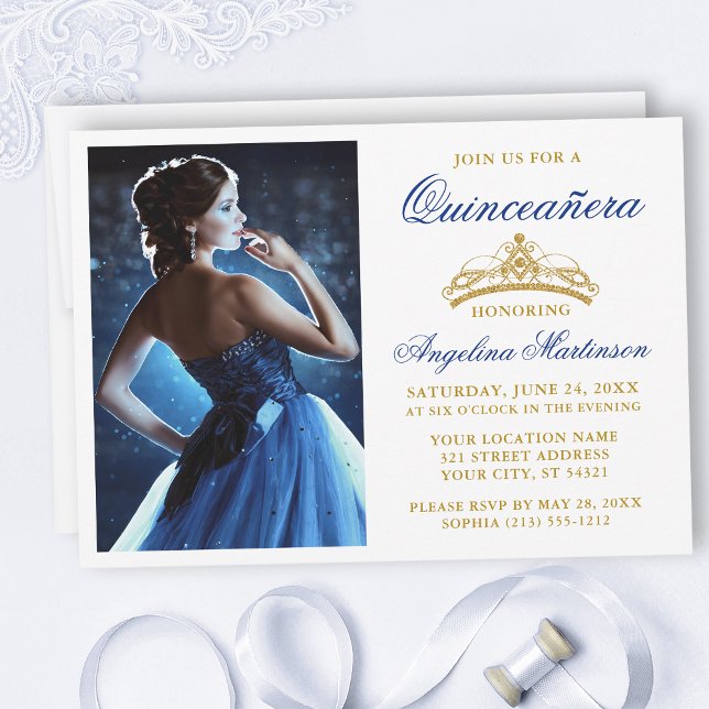 Modern Elegant Royal Blue Gold Crown Quinceanera Invitation (Customize to change text size, style, color or to add text or more photos to back of card.)