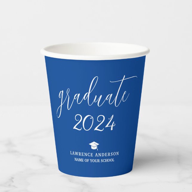 Modern Elegant Royal Blue Graduate 2024 Graduation Paper Cups (Front)
