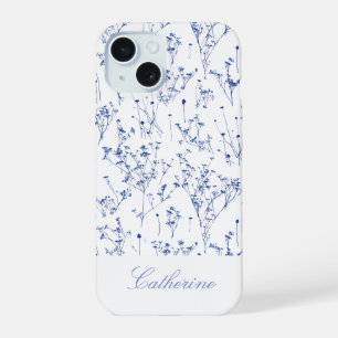Modern Elegant Royal Blue Wildflowers Toile iPhone 15 Case
