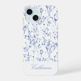 Modern Elegant Royal Blue Wildflowers Toile iPhone 15 Case