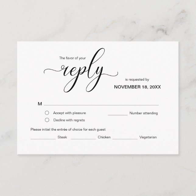 Modern Elegant RSVP,  Black Font, Respond Enclosure Card (Front)