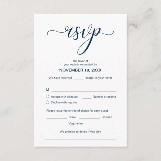 Modern Elegant RSVP,  Navy Blue, Respond Enclosure Card (Front)