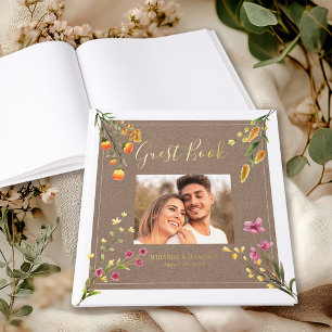 Modern Elegant Rustic Wildflowers Photo Wedding Guest Book
