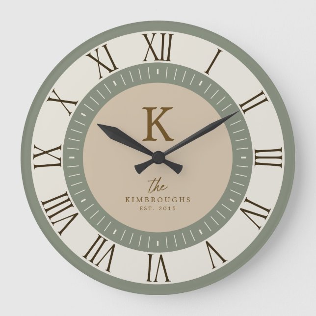 Modern Elegant Sage Cream Tan Monogram Family Large Clock (Front)