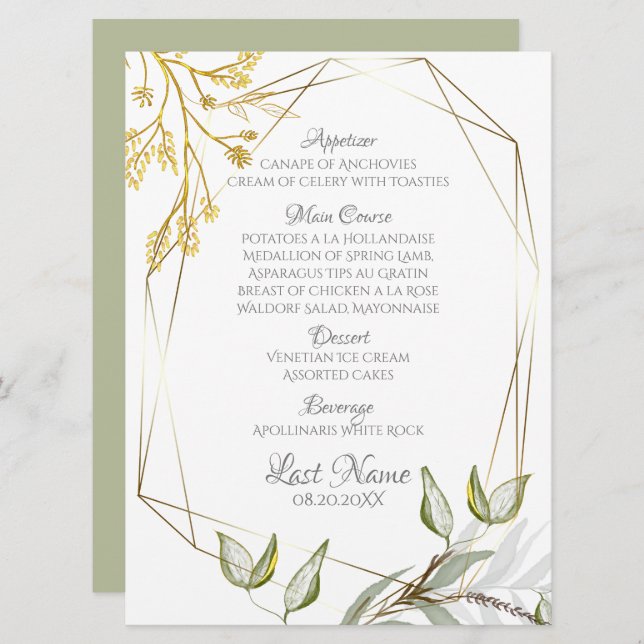 Modern Elegant Sage Green and Gold Foliage  Menu (Front/Back)