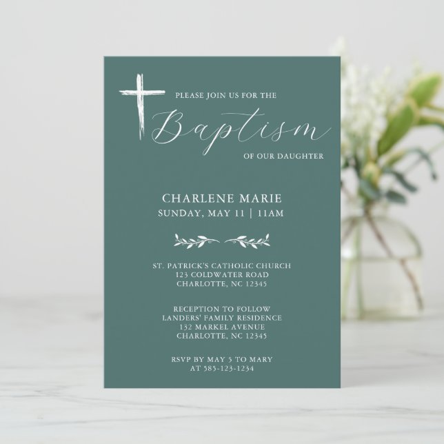 Modern Elegant Sage Green Baptism Invitation (Standing Front)