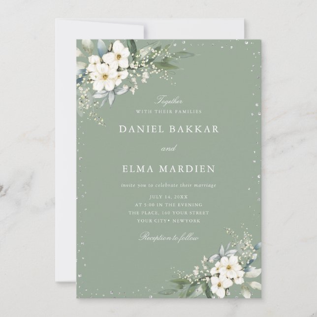 Modern Elegant Sage Green Boho Floral Wedding  Invitation (Front)