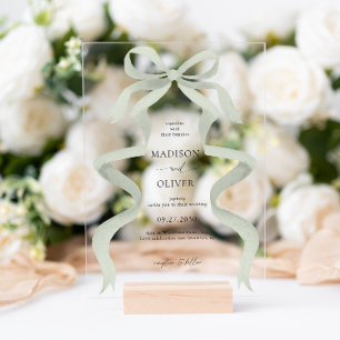 Modern Elegant Sage Green Bow Monogram Wedding Acrylic Invitations