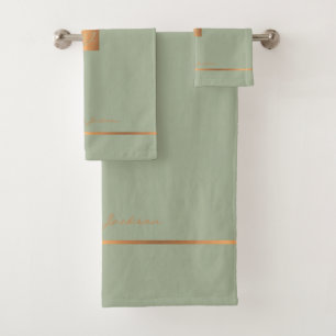 Modern elegant sage green chic monogrammed stripes bath towel set