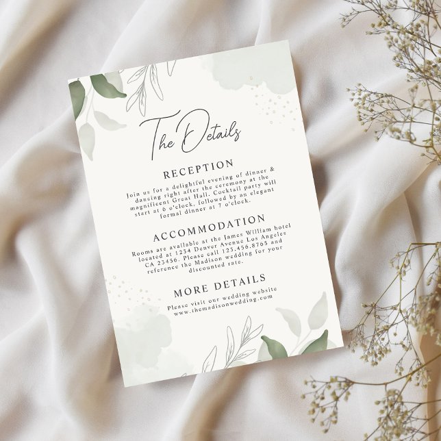 Modern Elegant Sage Green Leaves Wedding Details Enclosure Card (Creator Uploaded)