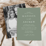 Modern Elegant Sage Green Photo Wedding Invitation<br><div class="desc">Minimalist,  modern wedding invitation featuring your wedding details in white lettering with calligraphy script accents with a sage green background or colour of your choice. The back of the sage green wedding invitation displays your vertical engagement photo. Designed to coordinate with our Modern Elegance wedding collection.</div>