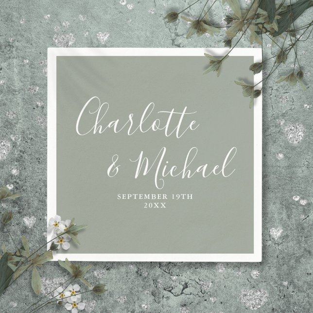 Modern Elegant Sage Green Signature Script Wedding Napkin (Modern Elegant Sage Green Signature Script Wedding Napkins)