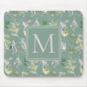 Modern Elegant Sage Green Silver Leaves Monogram Mouse Pad