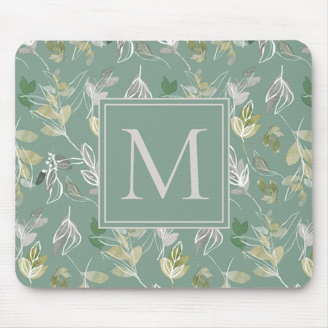 Modern Elegant Sage Green Silver Leaves Monogram Mouse Pad (Front)