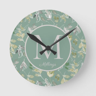 Modern Elegant Sage Green Silver Leaves Monogram Round Clock