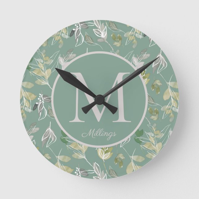 Modern Elegant Sage Green Silver Leaves Monogram  Round Clock (Front)