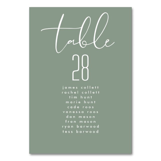 Modern Elegant Sage Green Wedding Seating Chart Table Number (Back)