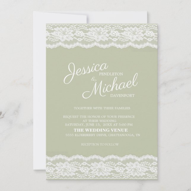 Modern Elegant Sage Green White Lace Wedding Invitation (Front)