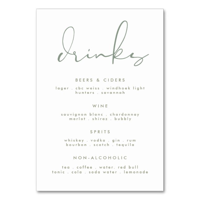 Modern Elegant Sage Green White Wedding Drink Menu Table Number (Front)