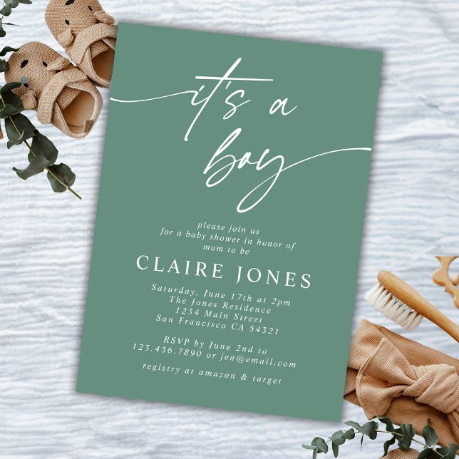 Modern Elegant Sage Its a Boy Script Baby Shower  Invitation (Creator Uploaded)