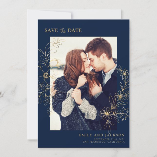 Modern Elegant Save the Date Photo Gold Floral (Front)