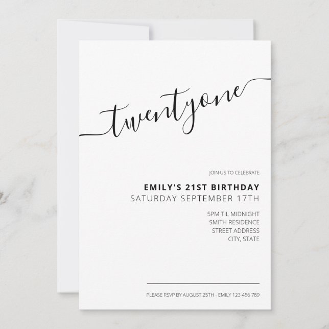 Modern Elegant Script 21st Birthday Invitation (Front)