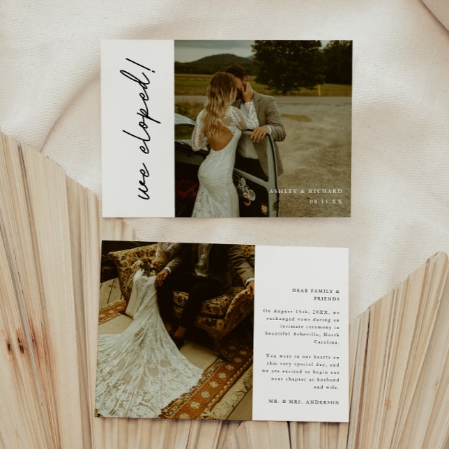 Modern Elegant Script 2-Photo Wedding 'We Eloped' Announcement (Creator Uploaded)