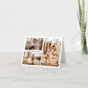 Modern Elegant Script 3 Photo Collage Wedding Thank You Card