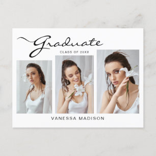 Modern Elegant Script   3 Photo Grad Announcement Postcard